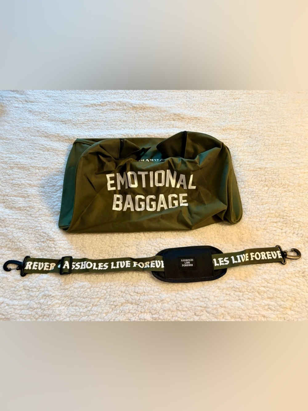 Assholes Live ForeverEmotional Baggage Olive Duffle Bag